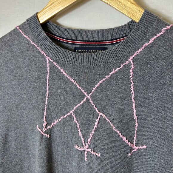 Banana Republic Gray Cotton Cashmere Pink Embroidered Crewneck Sweater Size S - Picture 3 of 10